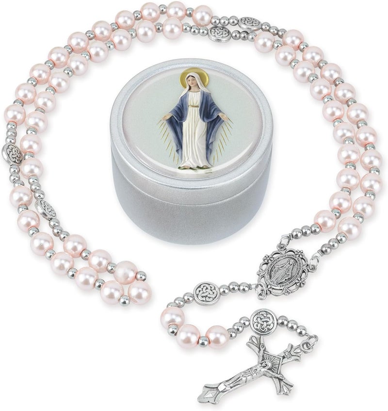 SUTANALE 8mm Glass Pearl Rosary Necklace for Women - Catholic Prayer Beads with Gift Box, Handmade Religious Jewelry for Baptism, First Communion - Image 1